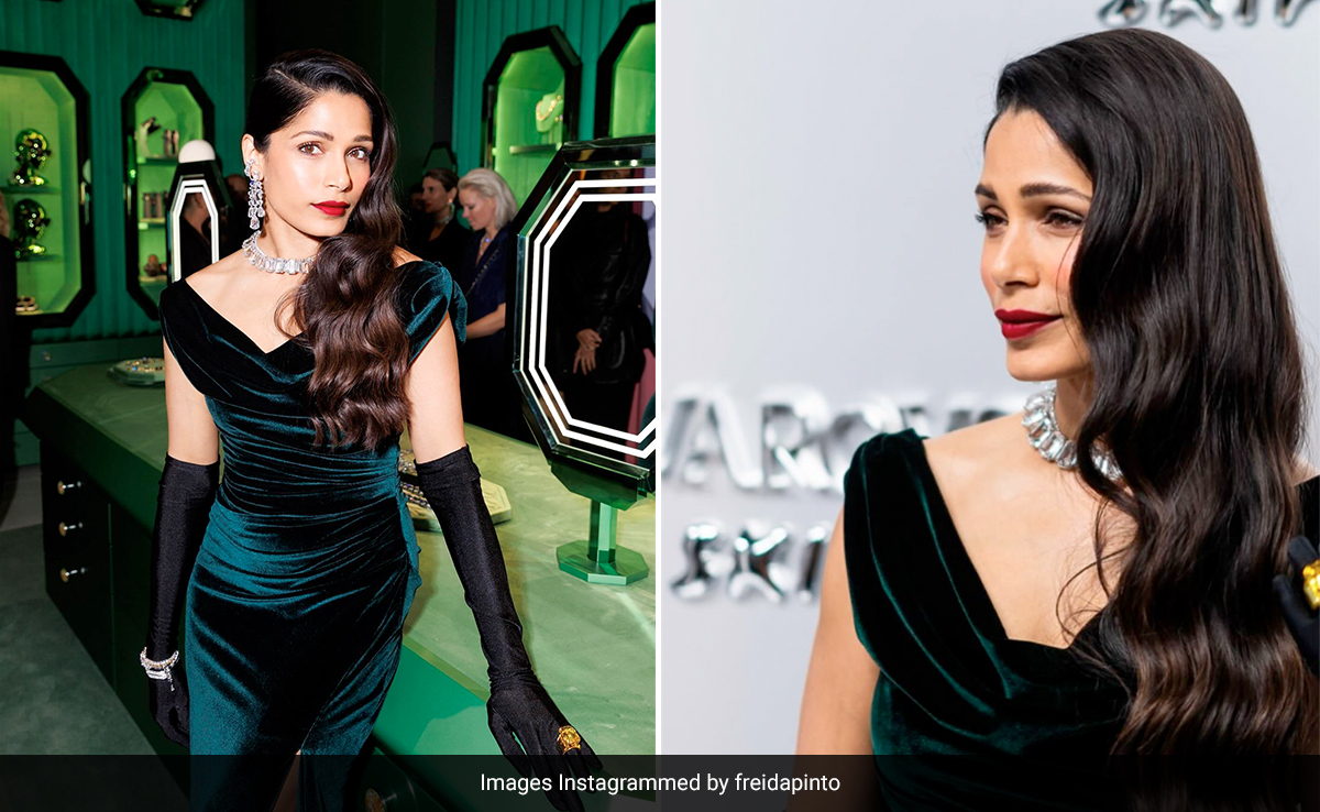 Freida Pinto Gleams With Old World Charm In A Green Velvet Slit Gown And Black Gloves