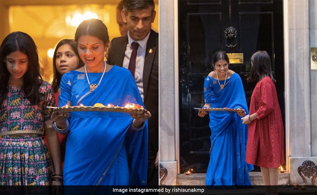 Akshata Murty Keeps It Traditional For Diwali At 10 Downing Street In A Blue Silk <i>Saree</i> And <i>Gandaberunda</i> Necklace