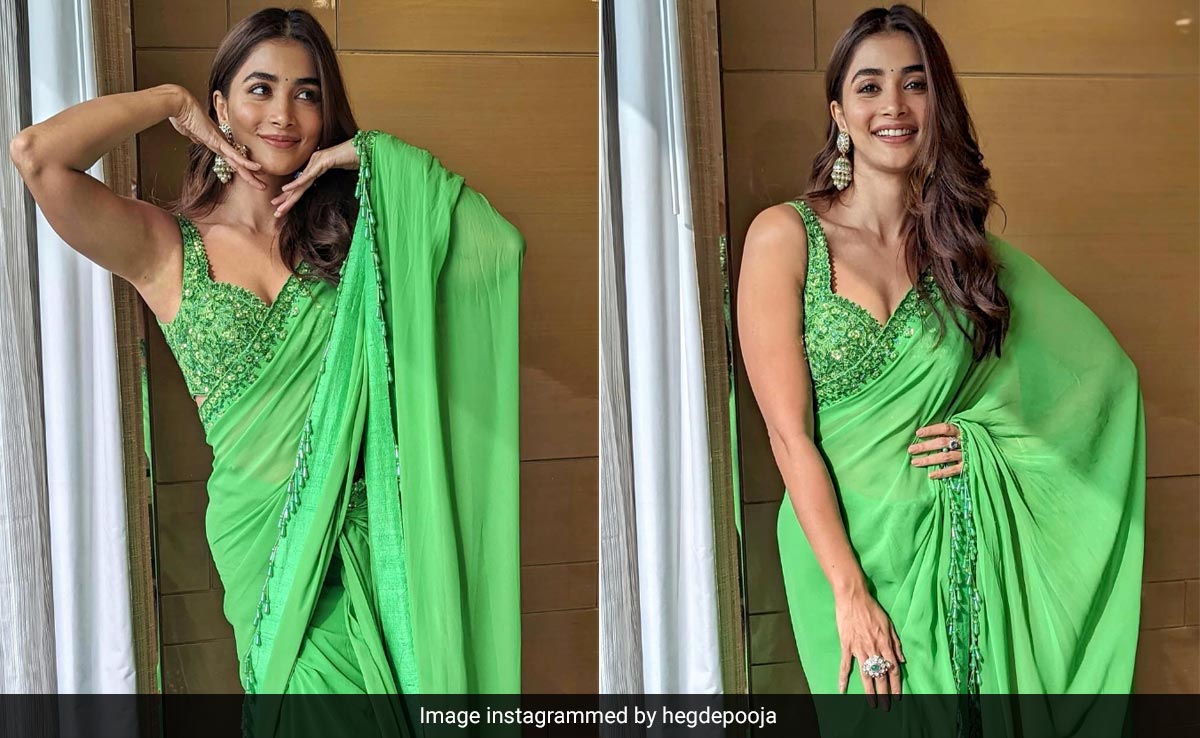 It Is Far From Gloomy Where Pooja Hegde Is Wearing A Fresh Green <i>Saree</i>