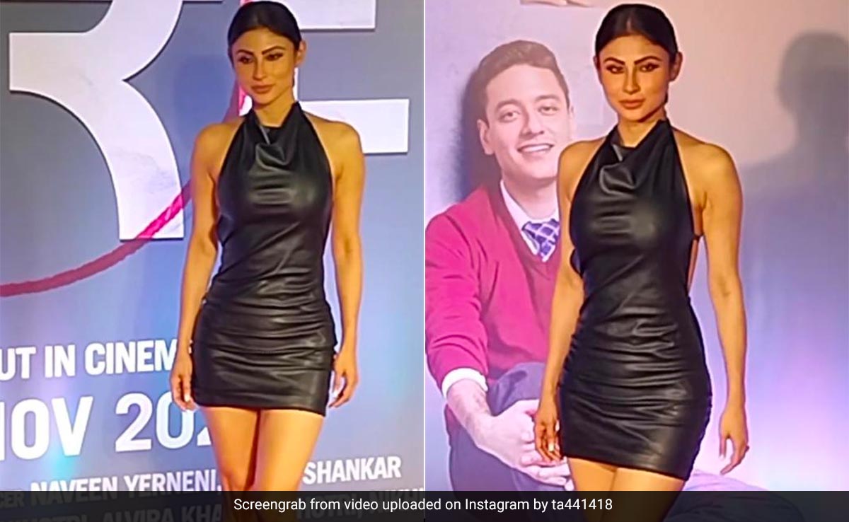 Mouni Roy In A Black Faux Leather Halter Dress Serves Diva Vibes Like No One Else For <i>Farrey</i> Screening