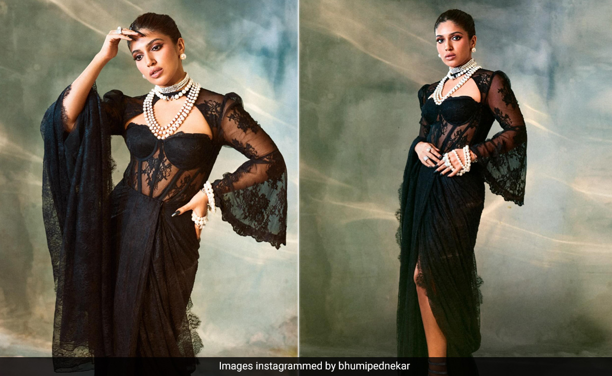 Bhumi Pednekar Took "Make It Retro" In A Black Baroque Lace <i>Saree</i> Very Seriously