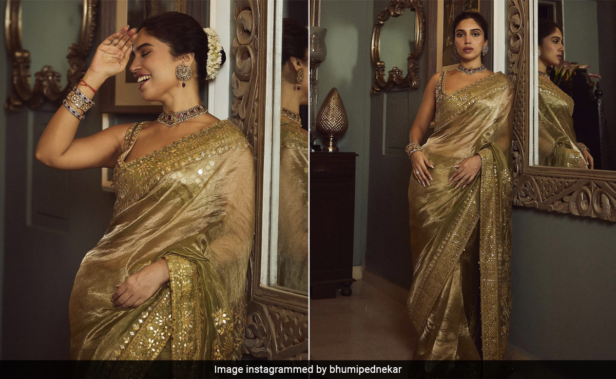 It Was A Golden Diwali 2023 For Bhumi Pednekar In This Royal Tissue <i>Saree</i>