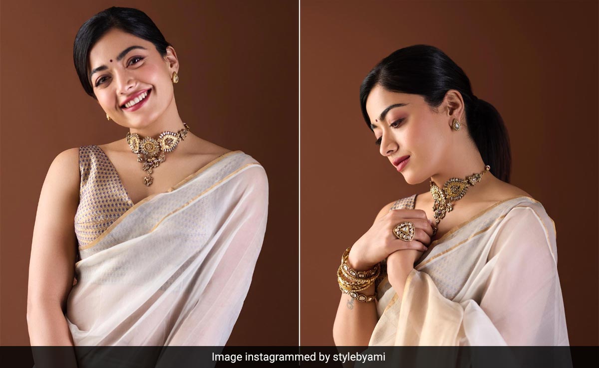 Rashmika Mandanna's Ivory And Gold Raw Mango <i>Saree</i> Is Proof That Ethnic Simplicity Never Goes Out Of Style