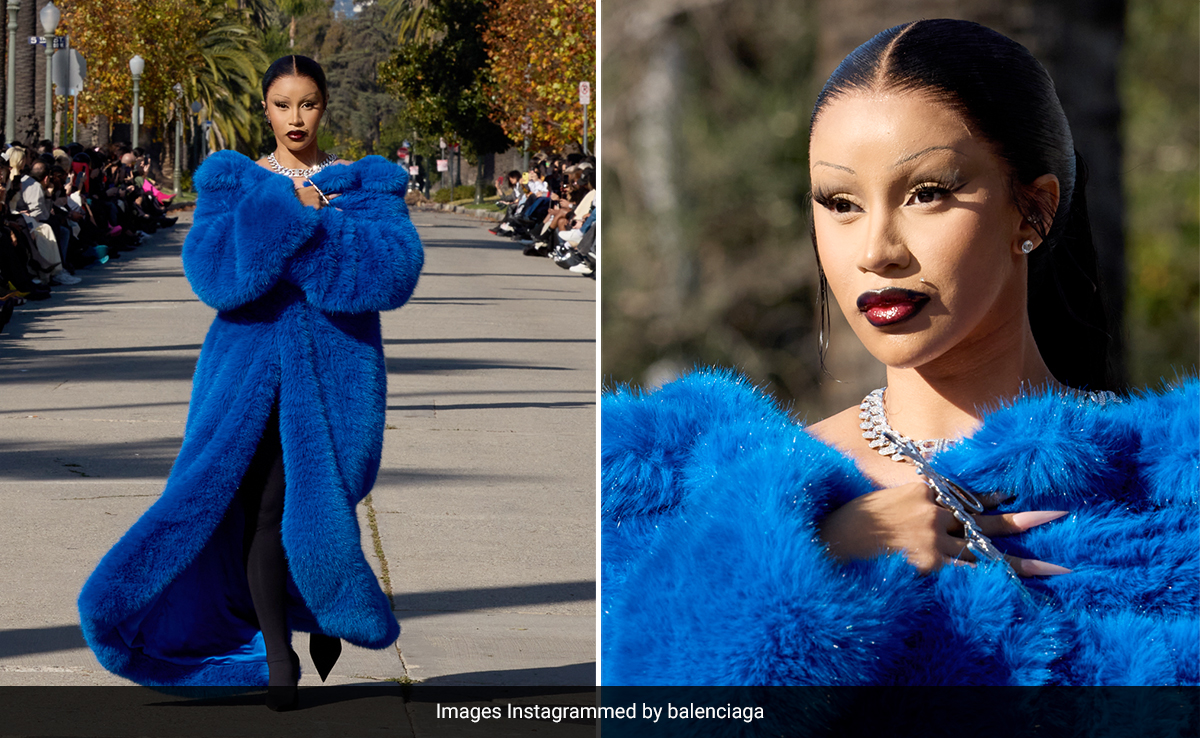 Cardi B Owns The Balenciaga Ramp In An Electrifying Blue Faux Fur Coat For Her Runway Debut