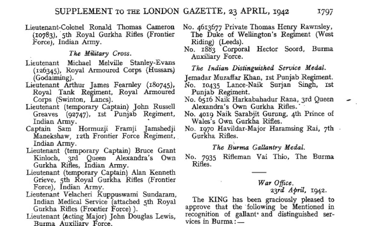 Sam Manekshaw was awarded the Military Cross. Clipping of London Gazette, 1941 Sam Manekshaw was awarded the Military Cross. Clipping of London Gazette, 1941