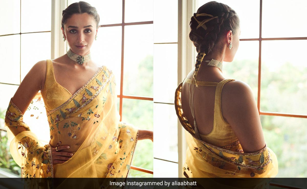 Alia Bhatt's Custom Anavila Yellow <i>Saree</i> With Ribbon Braids Brings Spring Sunshine To Winter