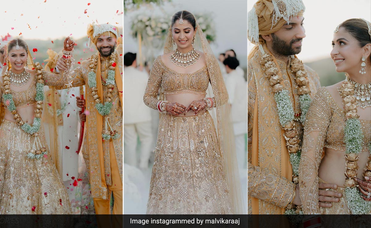 Young Poo From K3G a.k.a Malvika Raaj's Amber <i>Lehenga</i> In The Sunset Glow Marks The Start Of Her Stylish Happily Ever After With Husband Pranav Bagga