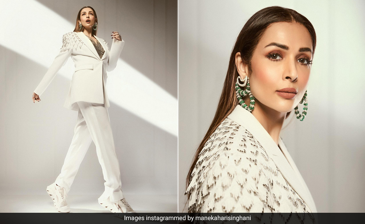 Malaika Arora's White Pantsuit And Golden Top With Trendy Sneakers Are What Our Business Parties Need
