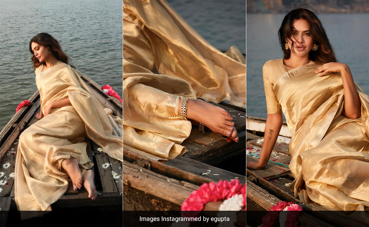 Basking In Benaras' Golden Hour Magic For Esha Gupta Is Simple In Her Gold <i>Saree</i>