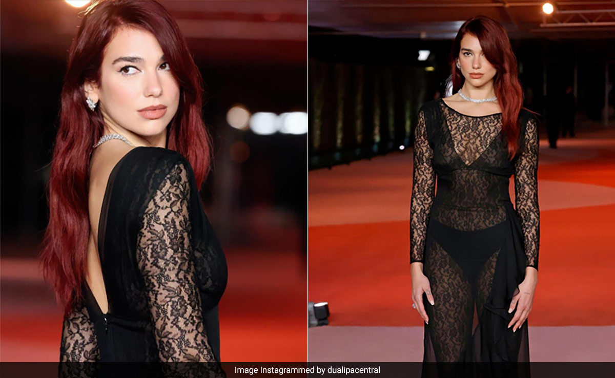 Dua Lipa Gives Main Character Energy In A Moody Sheer Black Lace Gown