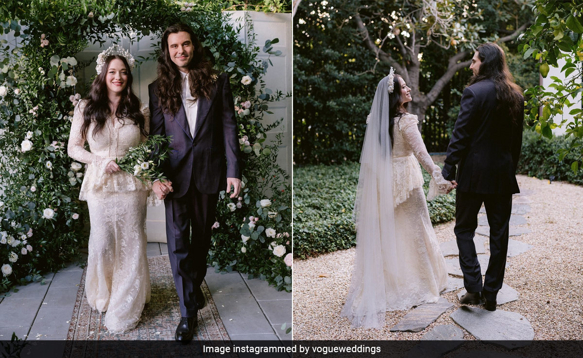 Kat Dennings Made For A Timeless Bride In A Vintage Alexander McQueen Dress For Her Garden Wedding To Marry Andrew W.K.