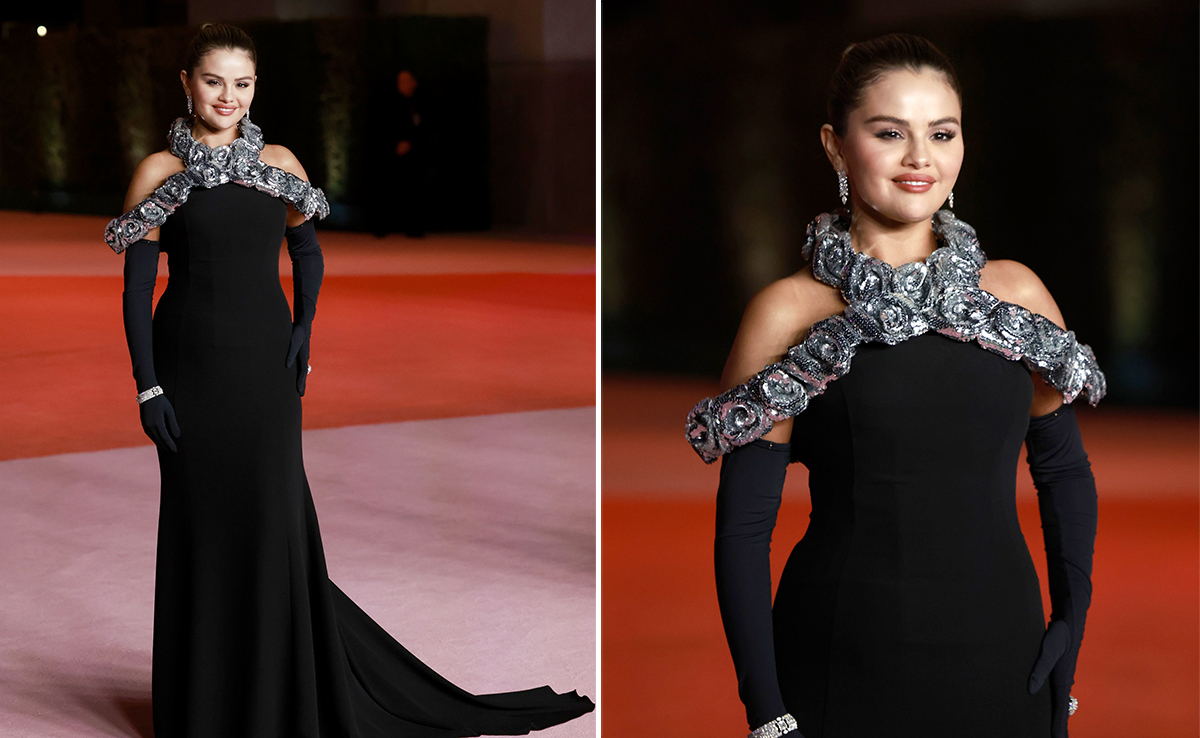 Selena Gomez's Classic Black Valentino Gown With Sequin Rosettes Is A Glitzy Red Carpet Dream Come True