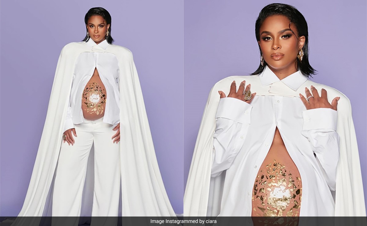 In A White Co-Ord Set And Cape, Ciara's Gorgeous Gold Baby Bump Takes Centerstage