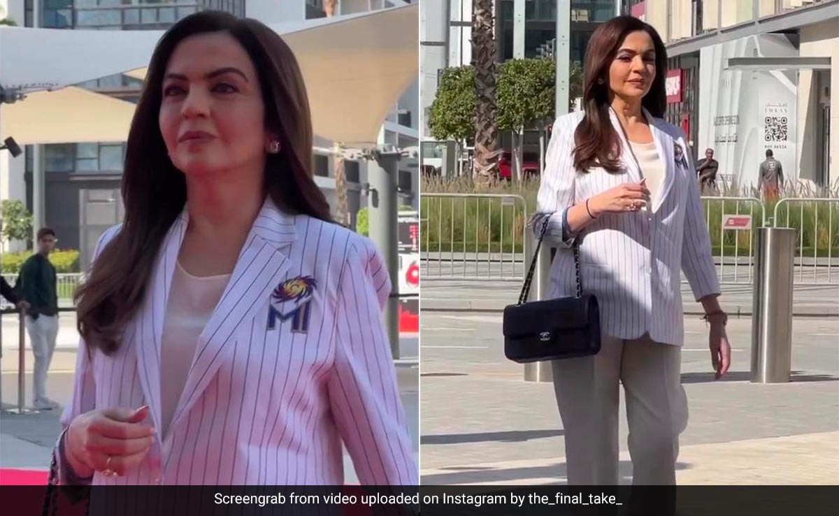 Nita Ambani In A Pinstriped Pantsuit Is Exuding Serious Boss Lady Vibes At The IPL Auction In Dubai