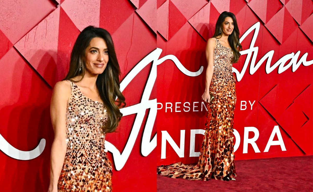 Amal Clooney Ups The Sparkle Quotient In A Bronze Ombre Paillette Dress At The 2023 Fashion Awards
