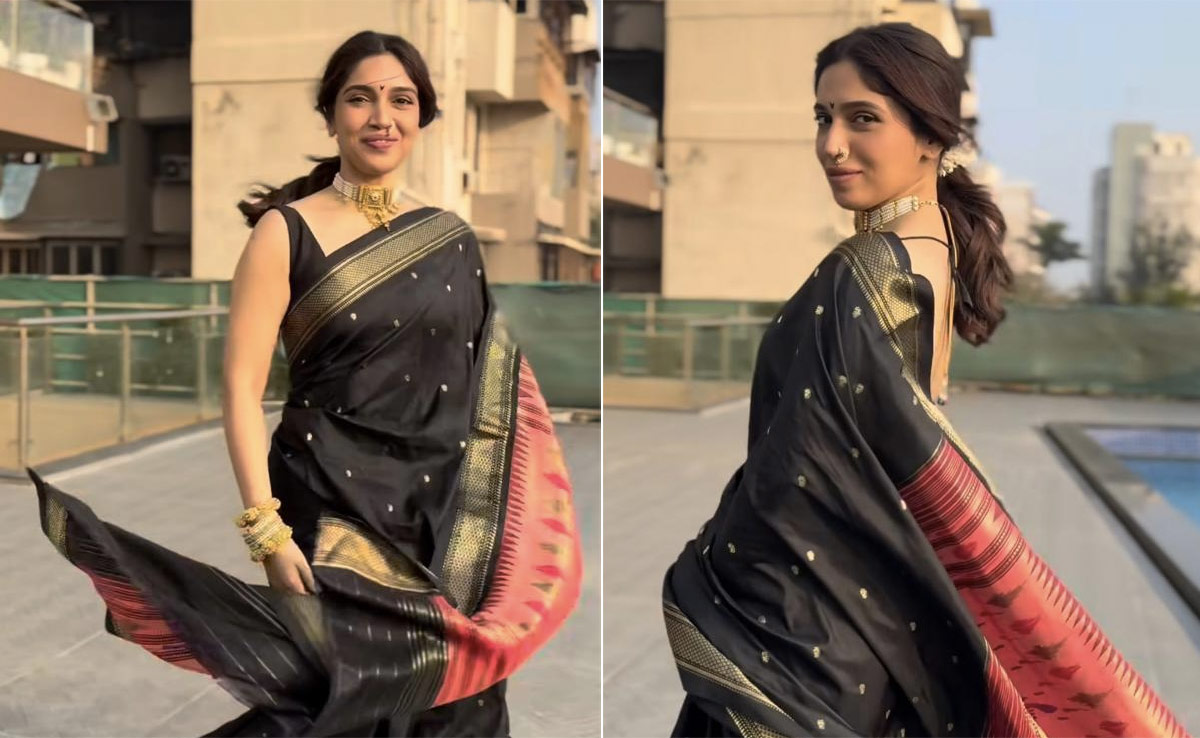 Bhumi Pednekar Serves Traditional Maharashtrian Glam In A Black And Gold Silk <i>Saree</i> With A <i>Nath</i>