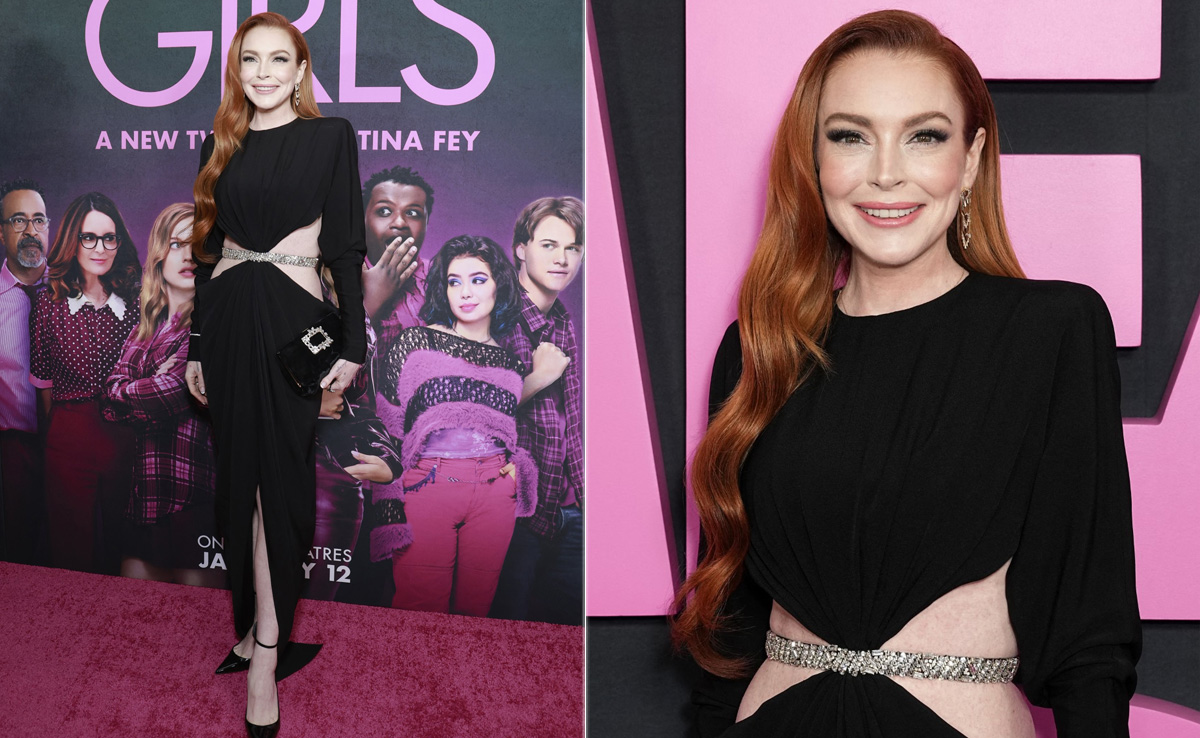 Lindsay Lohan In A Midriff Cutout Black Dress With A Bejewelled Belt Looks "So Fetch"
