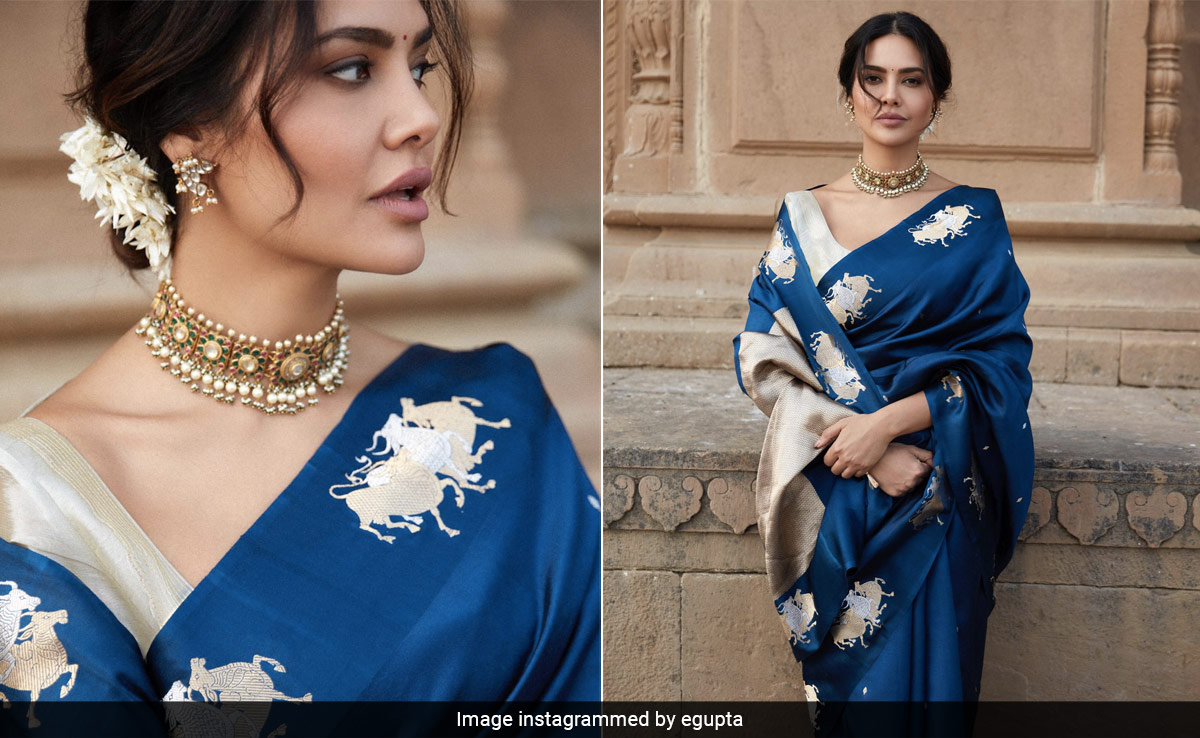 Esha Gupta Paints A Dreamy Ethnic Picture Of Elegance In A Beautiful Blue Silk <i>Saree</i>