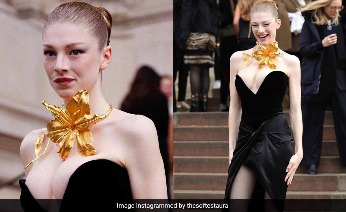 With A Gilded Flower Necklace, Hunter Schafer Makes Even A Black Dress So Full Of Drama At Paris Fashion Week 2024