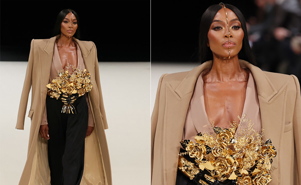 Naomi Campbell Is Gilded In Gold, Complete With A Metallic Bouquet And Faux Hands At Paris Fashion Week