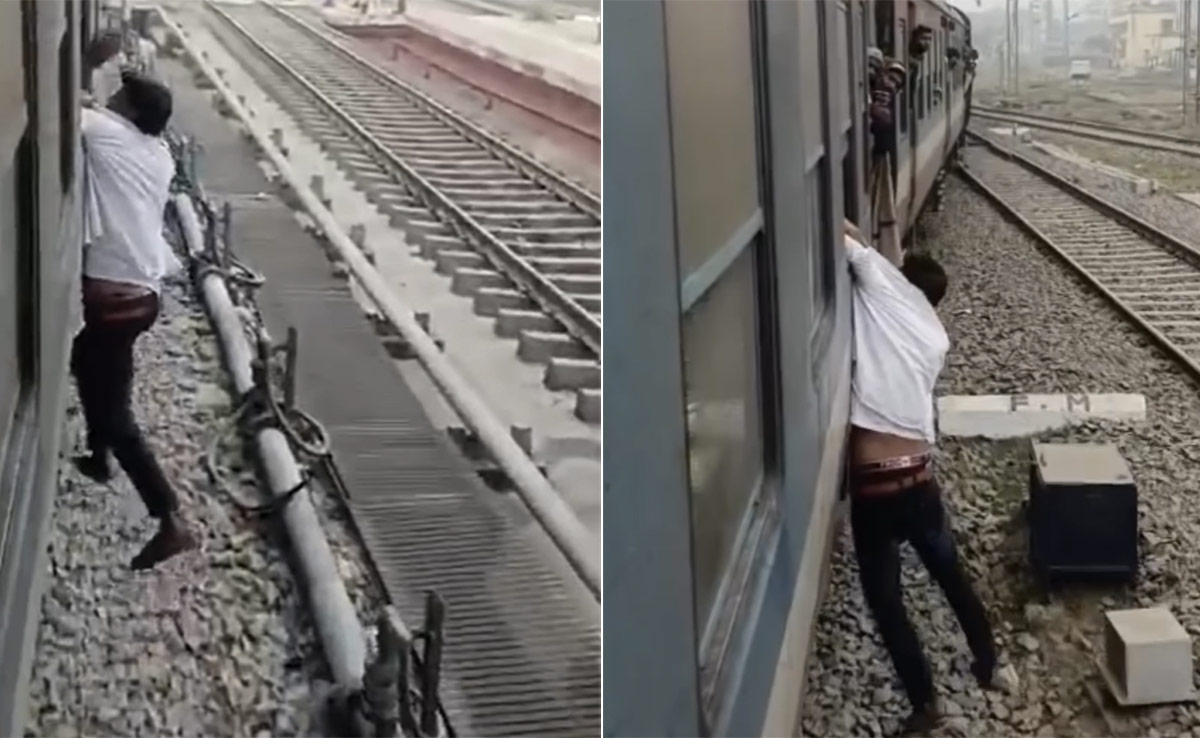 VIDEO: पटरी पर दौड़ती ट्रेन की खिड़की पर 1 किमी तक लटका रहा फोन चोर