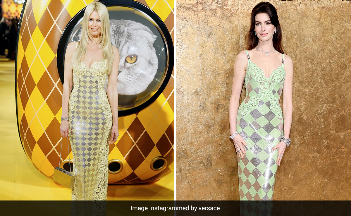 It's A Two-Way Check Mate For Claudia Schiffer And Anne Hathaway In This Glittery Chessboard Lace Atelier Versace Gown