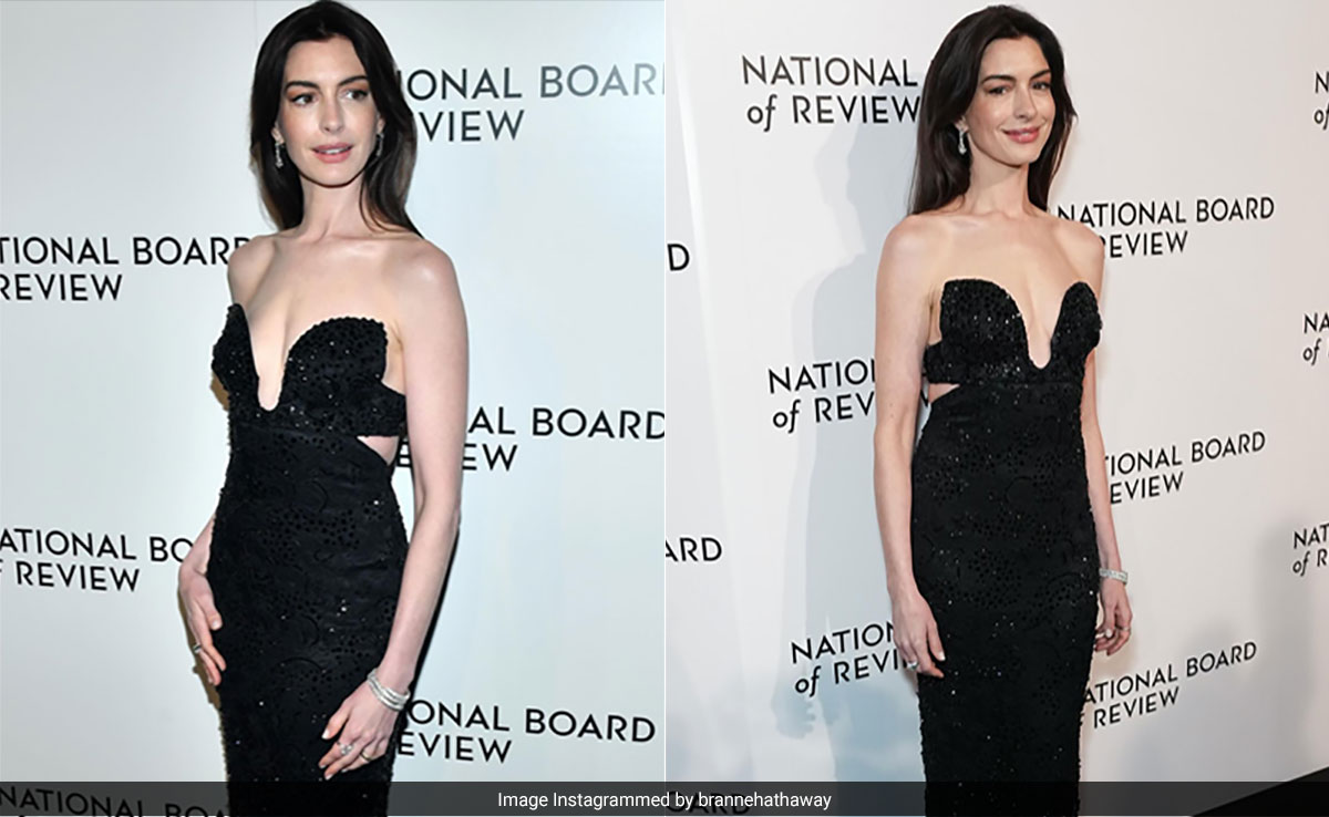 Anne Hathaway In A Plunging Black Sequin Gown Is Enough To Outshine Everybody Else