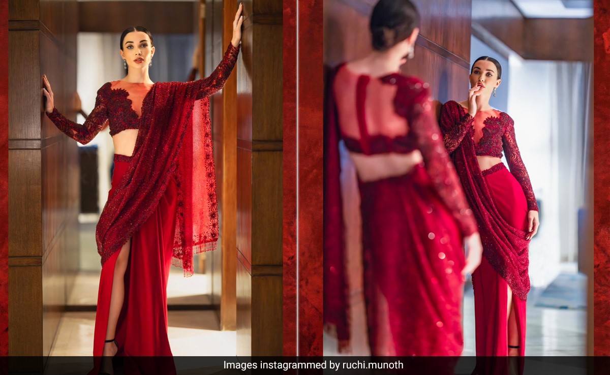 On Her India Tour To Promote <i>Mission Chapter 1</i>, Amy Jackson Takes A Ravishing Ethnic Route In A Deep Red <i>Saree</i>