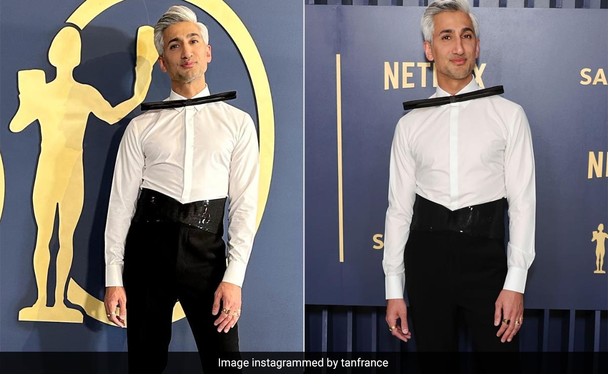 At SAG Awards 2024, Tan France "Felt So Chic" In An Amit Aggarwal Long Black Concept Bow Tie And Darn Right He Did