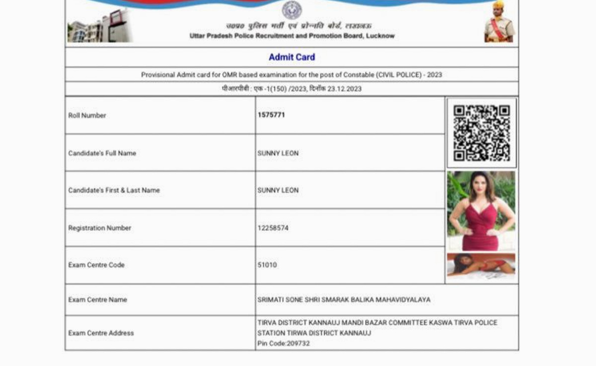Actor Sunny Leone's Photo Seen On UP Police Recruitment Exam Admit Card