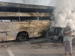 Car Crashes Into Bus That Hit Divider On Yamuna Expressway, 5 Dead As Both Vehicles Catch Fire Car Crashes Into Bus That Hit Divider On Yamuna Expressway, 5 Dead As Both Vehicles Catch Fire