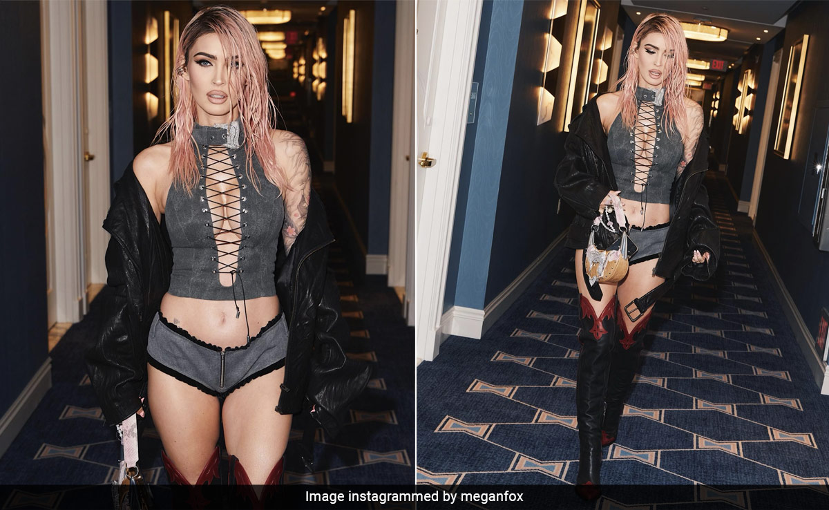 Megan Fox In A Grey Lace Up Set And Pink Locks Is Grey Grunge Gone Good