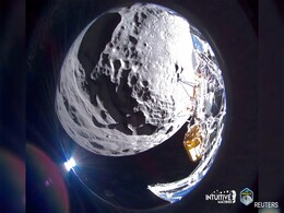 US Spaceship Lying Sideways After Tipping Over During Moon Touchdown US Spaceship Lying Sideways After Tipping Over During Moon Touchdown