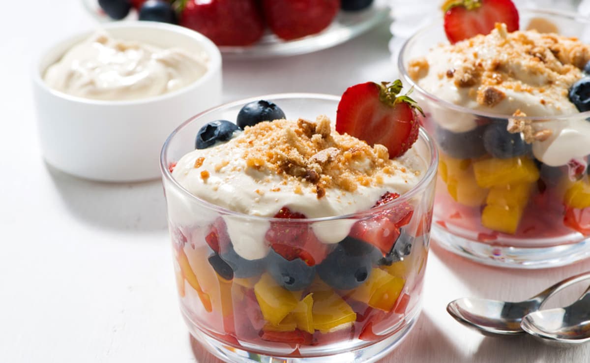 Leftover fruit cocktail tastes amazing in parfaits.