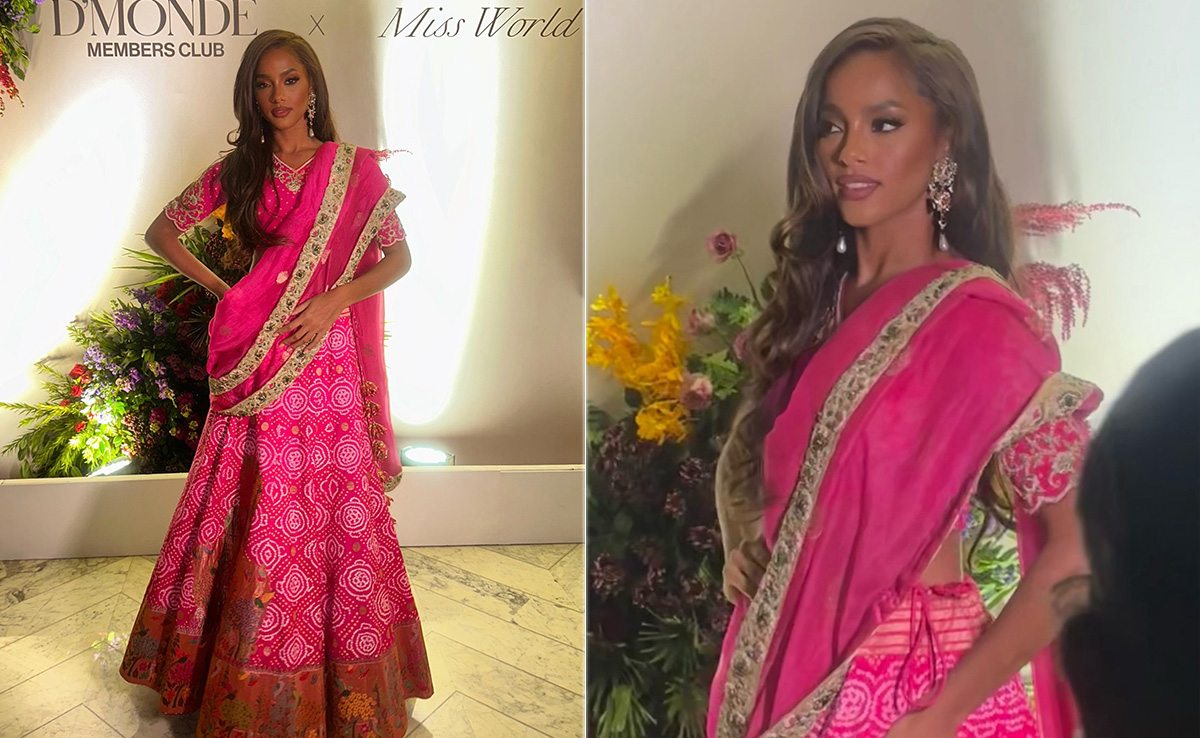 Miss World Trinidad And Tobago 2022 Ache Abrahams Looks Resplendent In A Pink <i>Bandhani Lehenga</i> With Turtle Motifs