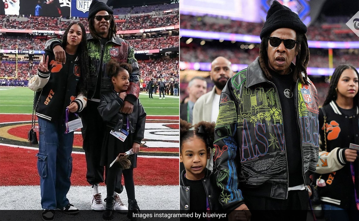 Jay-Z And Daughters Blue Ivy Carter And Rumi Triple The Fashion Quo In Trendy Varsity Jackets At Super Bowl 2024