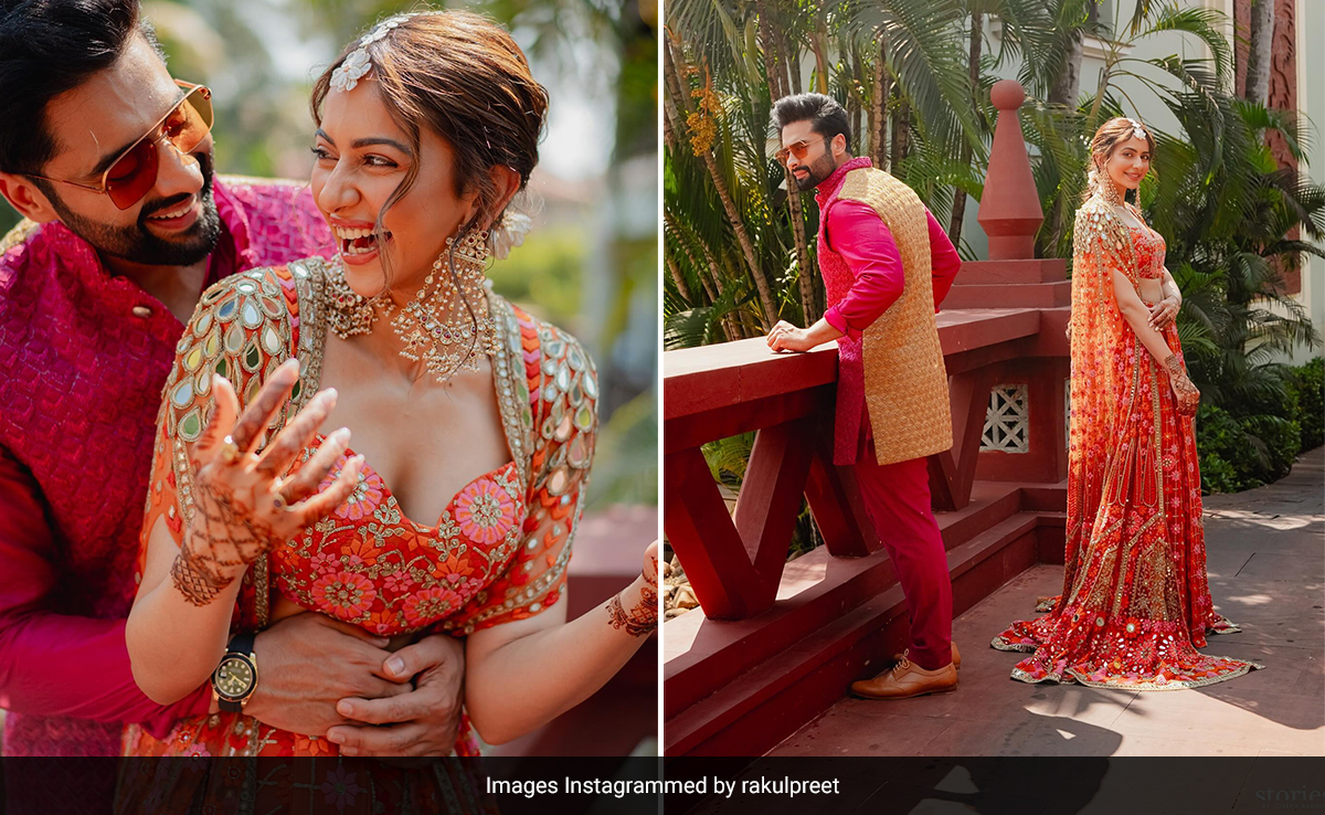 Rakul Preet Singh And Jackky Bhagnani Were Dressed In Sunset Hues By This Designer Couple For Their <i>Mehendi</i> Ceremony
