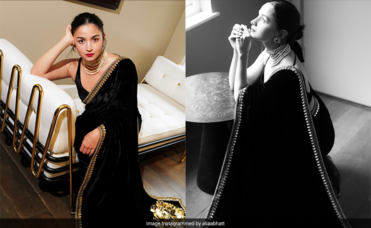 Alia Bhatt Takes London By Storm In Black Velvet Sabyasachi <i>Saree</i> For <i>Poacher</i> Screening