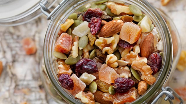 A handful of nuts and dried fruits creates a balanced energy bomb