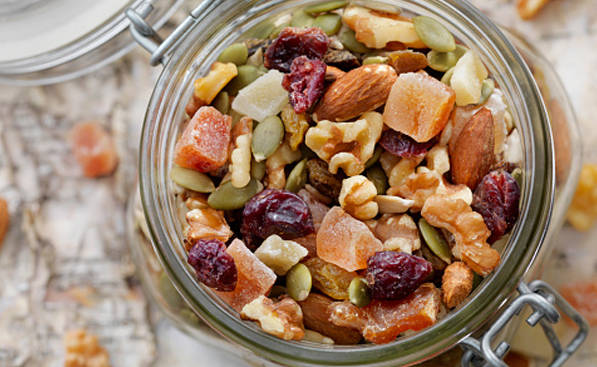 A handful of nuts and dried fruits creates a balanced energy bomb