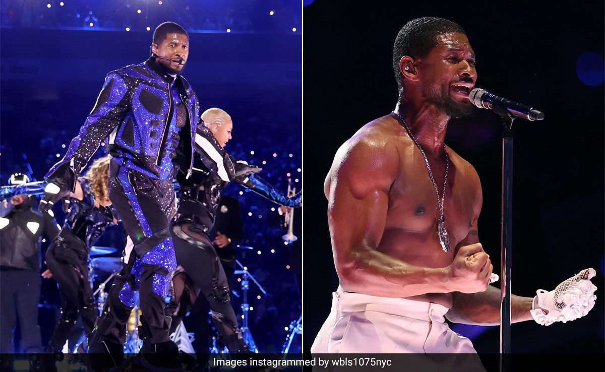 A Blue, Sparkly White And Ab-Baring Usher <i>Got Us Falling In Love Again</i> At The Super Bowl 2024