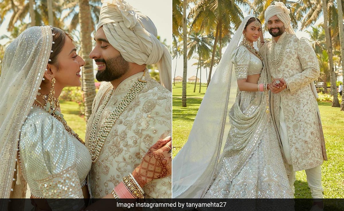 Rakul Preet Singh's Tarun Tahiliani <i>Lehenga</i> Has Mirror Work Along With A Silk Tissue Georgette Veil