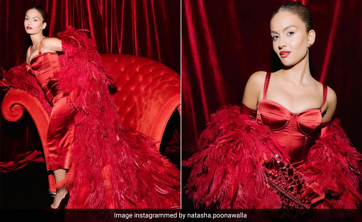 Natasha Poonawalla's Red Satin Dress Divinely Ups The Drama With A Feather Stole