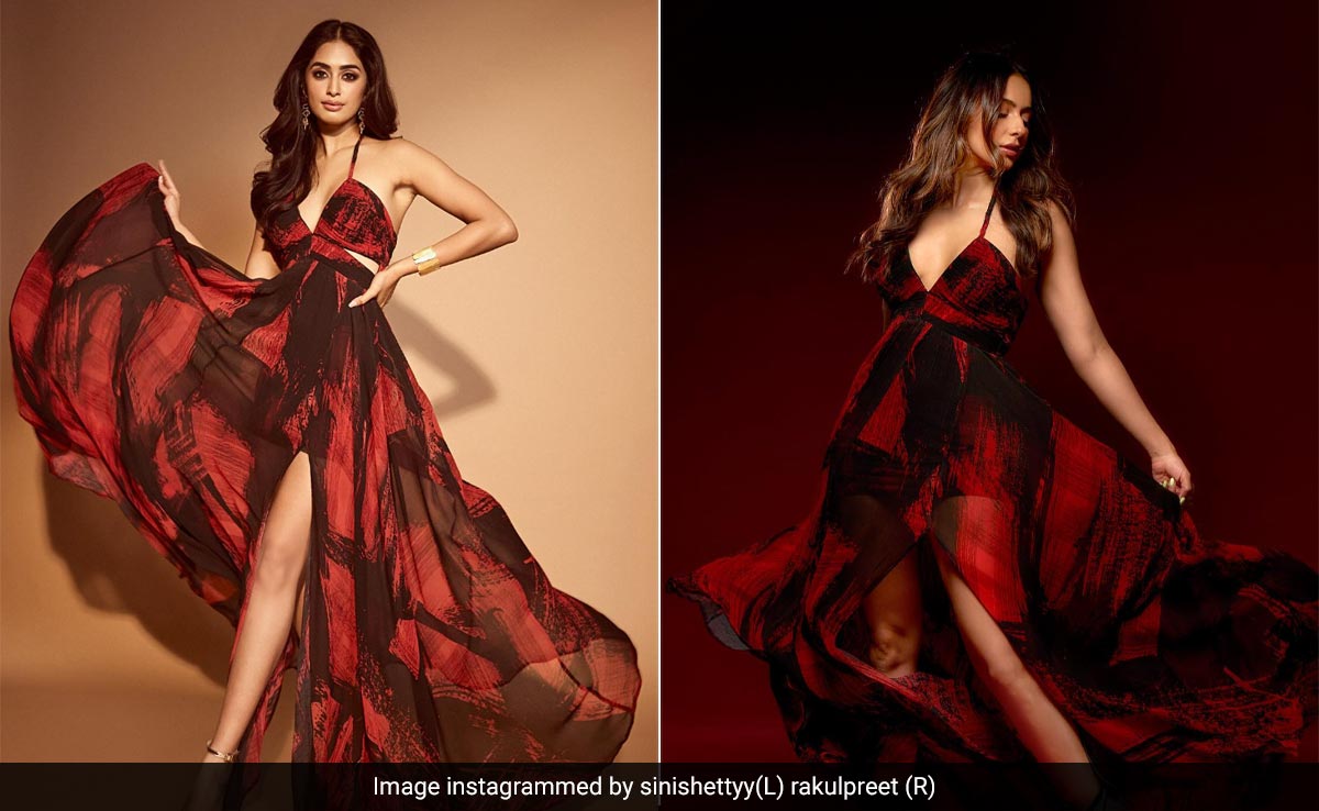 It's A Spring Style-Off For Rakul Preet Singh And Sini Shetty In This Red And Black Printed Maxi Dress