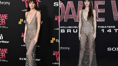 dakota johnson sheer chain-link dress Dakota dazzled the crowd at the #MadameWeb premiere in Los Angeles tonight,  looking like a vision in custom-made @Gucci dress made out of sheer  chainmail crystal links that resembled a spider's web,