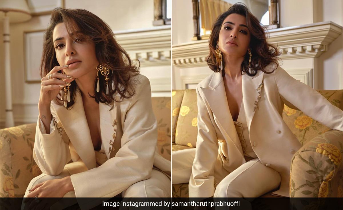 Spring Style Met Boss Babe Chic When Samantha Ruth Prabhu Wore A Gorgeous Gold And Ivory Pantsuit