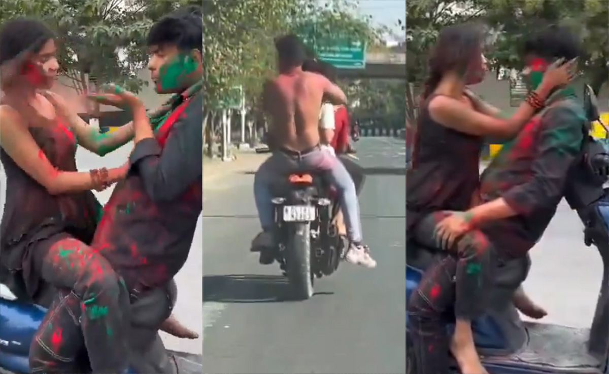 होली की मस्ती में पार की सारी हदें, स्कूटी पर अश्लील हरकत करते इन कपल को डांस करना पड़ा महंगा