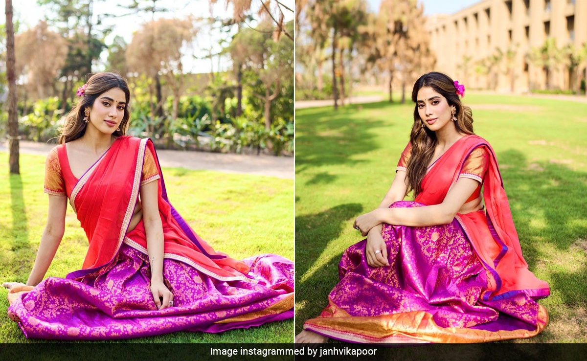 Janhvi Kapoor Exudes Ethnic Charm In A Purple And Red Brocade <i>Ghagra Choli</i> Look