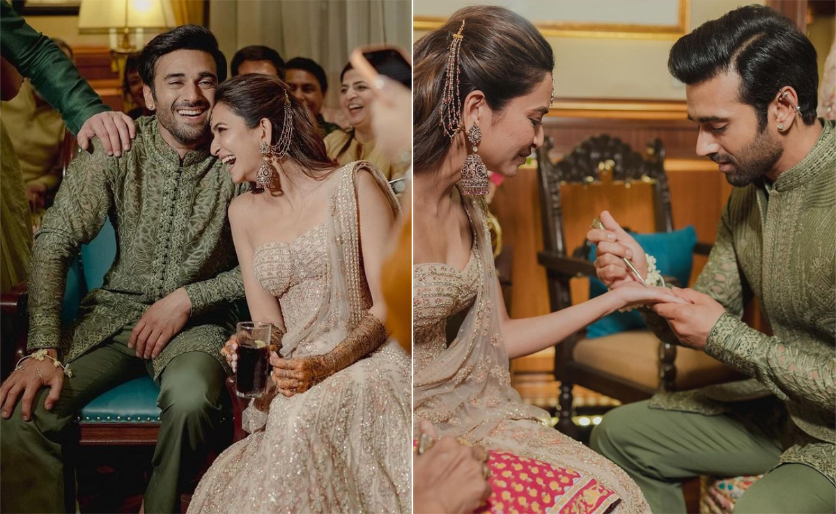 Even Though Kriti Kharbanda And Pulkit Samrat Pick Contrasting Mehendi Outfits, They're A Perfect Match