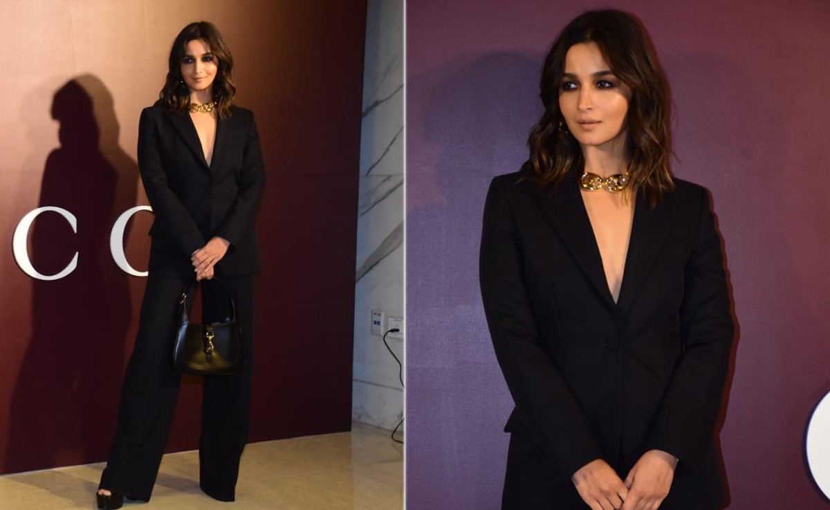 Alia Bhatt Gave Boss Babe Vibes In A Demure Black Pantsuit With A Gucci Jackie Handbag At Gucci Ancora Launch